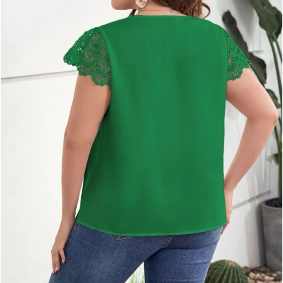 Plus Size Sheer Lace Sleeve Scallop Trim Top Blouse Shirt Green - Picture 2 of 16
